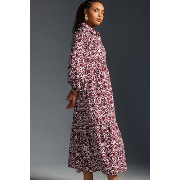 NWT Anthropologie Maeve The Bettina in Wine Bordeaux Ikat Tiered Shirt Dress L - Picture 5 of 12
